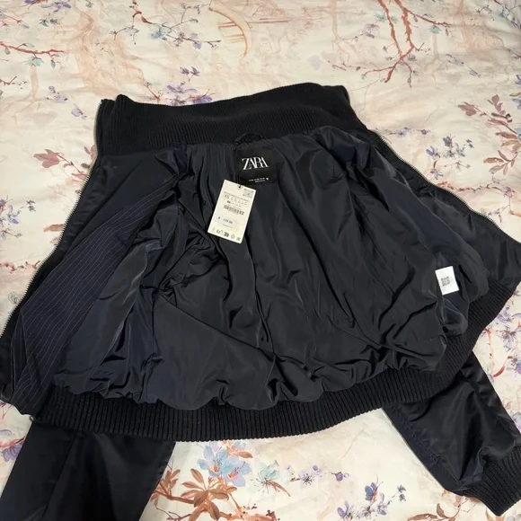 Zara Navy Zippered Pinstriped Bomber Jacket NWT - Picture 12 of 16